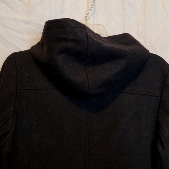 Vintage Old Navy Wool Blend Pea Coat Hood Black Long Button Up Medium Pockets - Picture 8 of 11